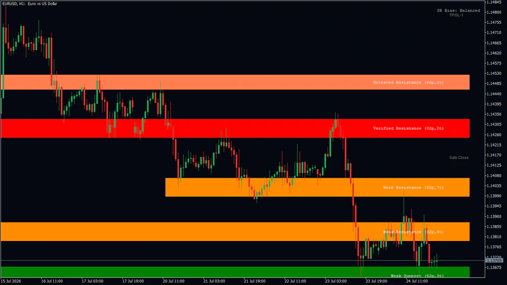 EURUSD 1-hour chart with five support and resistance zones: coral Untested Resistance at the top, red Verified Resistance, two orange Weak Resistance zones and a green Weak Support zone at the bottom