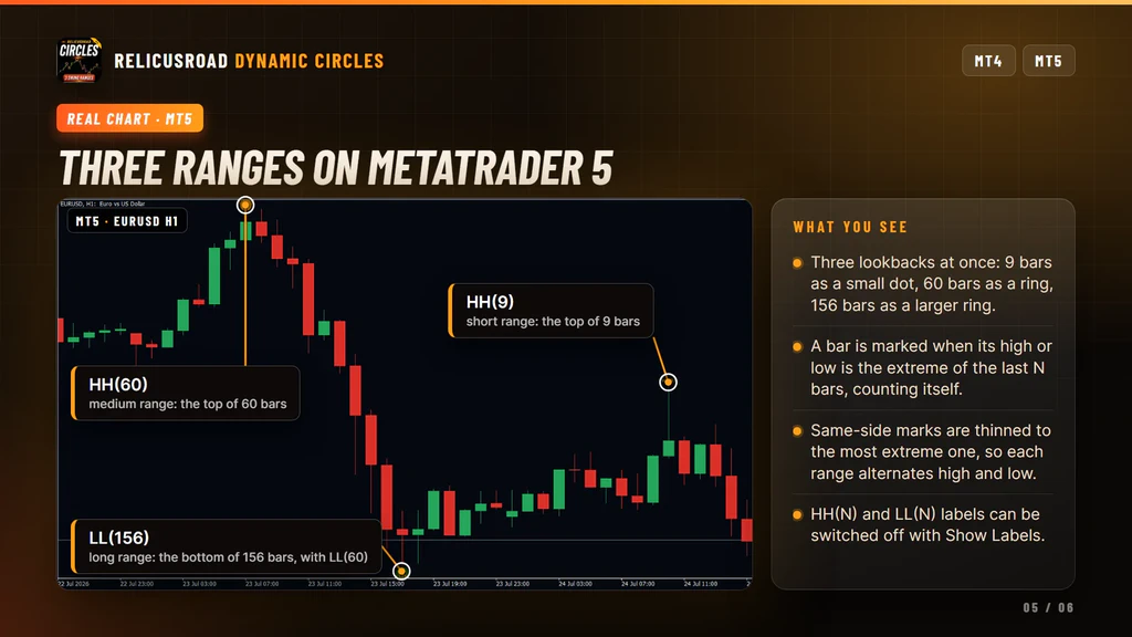 RelicusRoad Dynamic Circles on a MetaTrader 5 EURUSD chart with notes on the three ranges