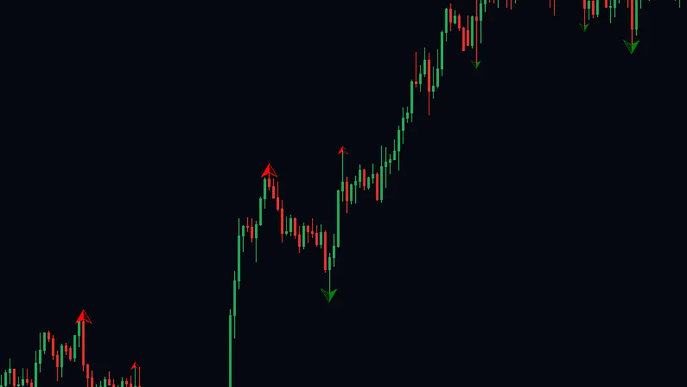 Close-up of a gold chart where a thin red arrow marks a high that beat the seven bars on either side of it