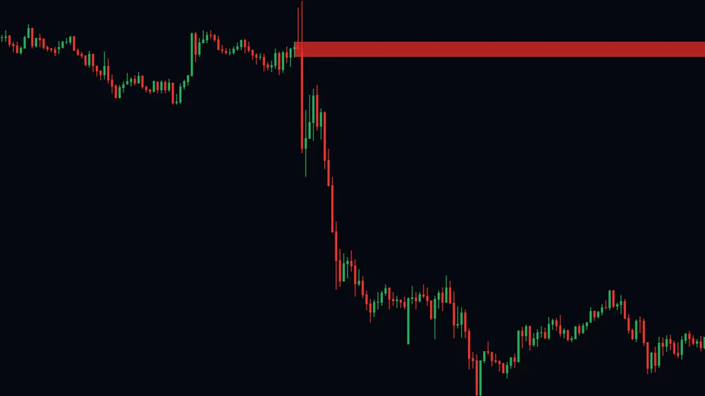 Gold chart where a thin firebrick block marks the last up candle before a long red drop and runs to the right edge