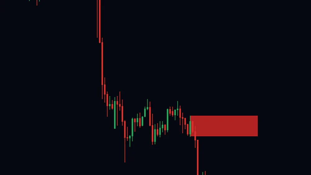 Close-up of an hourly gold chart with one filled firebrick block at the origin of a fresh drop, extending to the right