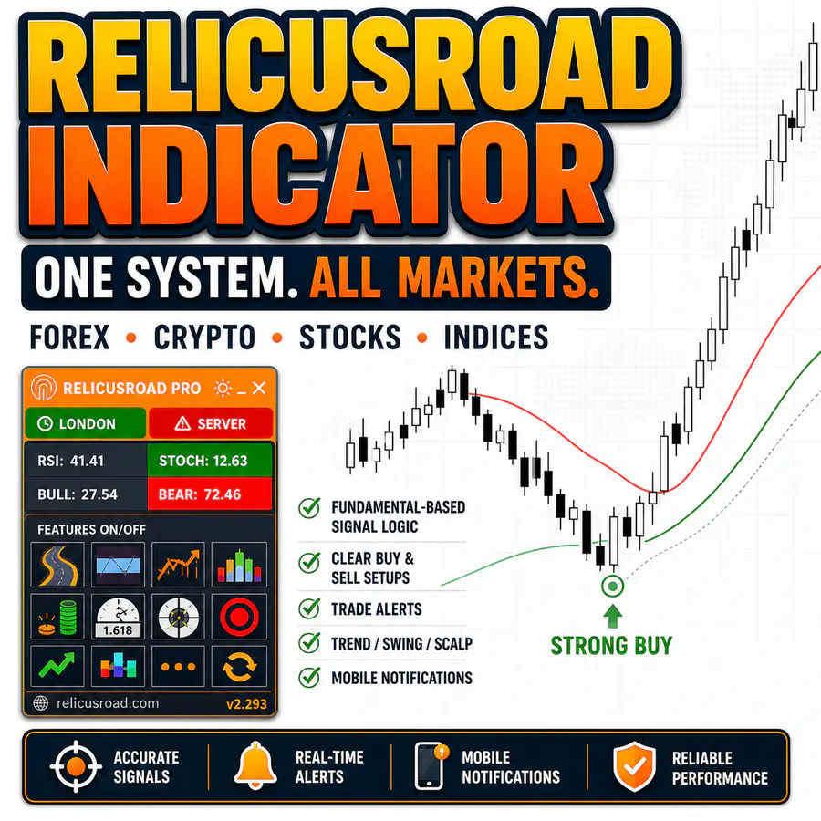 RelicusRoad Pro universal trading indicator for forex, crypto, stocks and indices with MT4, MT5 and TradingView signal logic